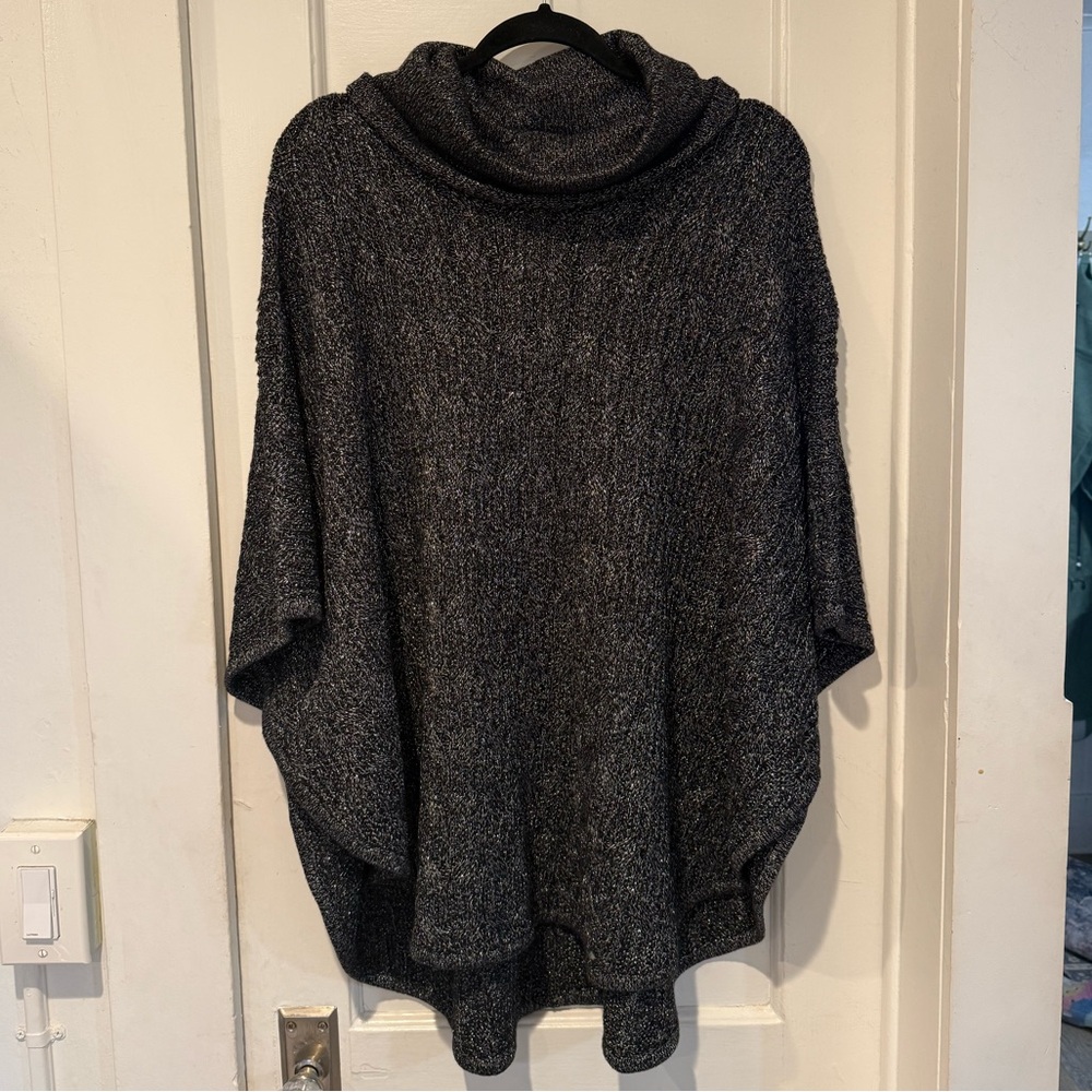 Chico’s Sparkle Poncho Sweater Black Silver Metallic Cowl Neck L/XL NWT